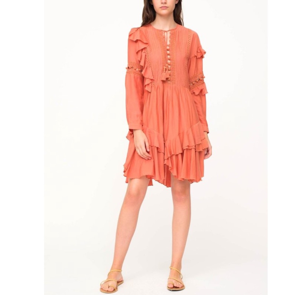 Sea NYC Weatherly Pom Pom Dress Size 0 Ruffle Long Sleeve Cotton Blend Boho